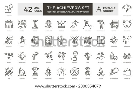 The achiever's set. Icons for success, growth and progress. 42 editable thin line stroke icons. Graphic elements for your business