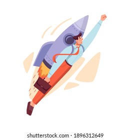 Achieving best results and setting goals in business. Isolated businessman flying on rocket launching startup and developing company. Leader leading to progress. Cartoon character, vector in flat