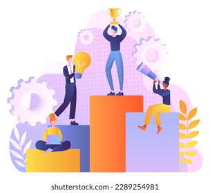 Achieving business goal concept. Man stands on top of pedestal with golden goblet. Teamwork, collaboration and cooperation. Efficient workflow and successful startup. Cartoon flat vector illustration