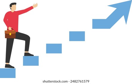 achieving business goals and challenges or gender equality concept, career success for women or women leadership, confident entrepreneur woman taking baby steps up ladder with an arrow pointing up.