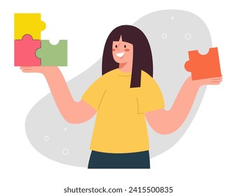 Achieving business goals, logic and creativity for great success, strategic management in solving complex work problems, thought process for creating successful ideas, woman putting together puzzles. svg
