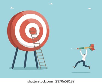 Achieving business goals through hard work, motivation and determination for great success, creative strategies to achieve excellence in work and career growth, man with dart runs towards dart board.