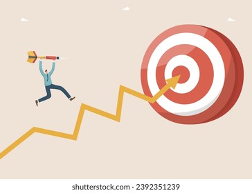 Achieving business goals through hard work, motivation and determination for success, creative strategies to achieve excellence in work and career growth, man with dart runs along arrow to dart board.