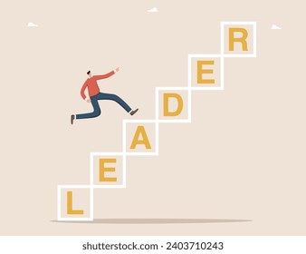 Achieving business goals through hard work, motivation and determination for success, leadership skills for great success or high results and career growth, man running up leader's cubes.