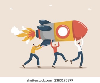 Achieving business goals through teamwork or brainstorming, winning strategy or precision in developing a plan, team motivation and performance, cooperation to achieve success, men carrying the rocket
