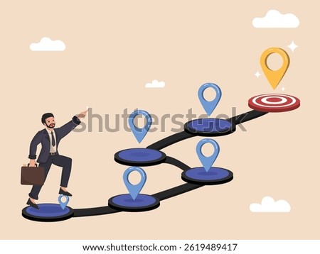 Achieving Business Goals Visual representation of a man following a roadmap with milestones to reach a target.