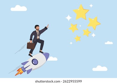 Achieving Business Success and Reaching for the Stars A Businessman Riding a Rocket Towards a Cluster of Bright Yellow Stars in a Blue Sky.