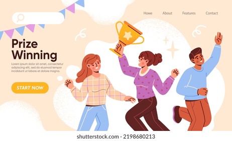 Achieving business success. Young male and female entrepreneurs win prize and hold golden goblet. Team or partners celebrate and receive award. Landing page design. Cartoon flat vector illustration