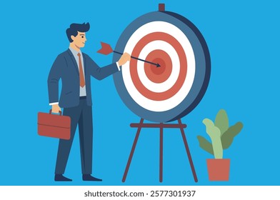 Achieving business targets. Businessman with briefcase aiming an arrow at the center of a target. Focus, goals, and success in business concept.