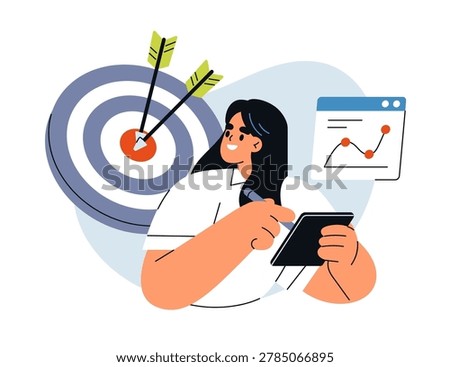 Achieving business targets, reaching audience in marketing. Aim and goal achievement, KPI and performance analysis. Sales success. Concept flat vector illustration isolated on white background