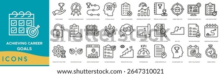 Achieving Career Goals Icon set. Trophy Earned, Milestone Achievement Badge, Success Roadmap Planner, Potential Unlock and Vision to Action Board
