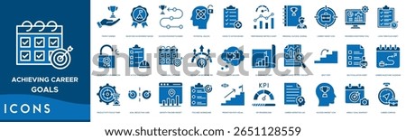 Achieving Career Goals Icon set. Trophy Earned, Milestone Achievement Badge, Success Roadmap Planner, Potential Unlock and Vision to Action Board