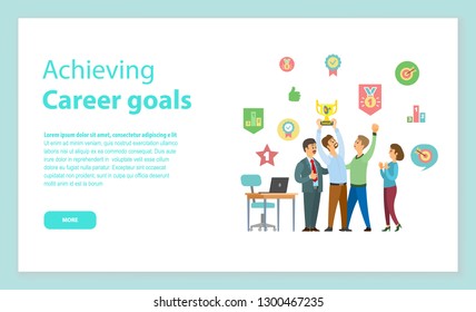Achieving career goals website, standing workers with golden award. Portrait view of people in casual clothes, table with laptop, leadership vector