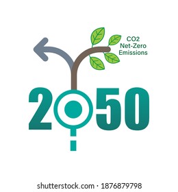 Achieving CO2 net-zero emissions by 2050 typographic design. Timeline junction infographic concept. Vector illustration outline flat design style.