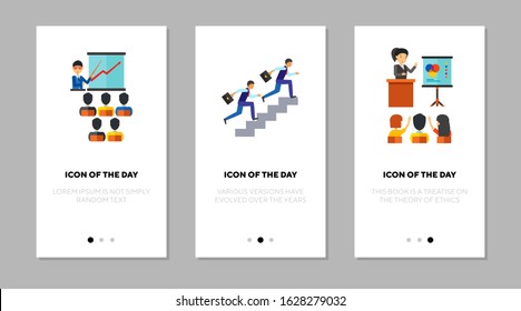 Achieving company goals flat vector icon set. Group, conference, presentation isolated sign pack. Teamwork and communication concept. Vector illustration symbol elements for web design and apps.