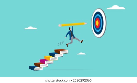 achieving education goals, strategies for achieving success with higher education, courses or skills development, Businesspeople create ladders from books to target educational goals with pencil