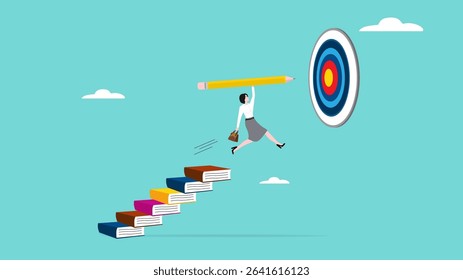 achieving education goals, strategies for achieving success with higher education, courses or skills development, Business woman create ladders from books to target educational goals with pencil