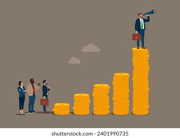 Achieving financial freedom, economic forecast concept. Businessman looks through a telescope on a stack of cash coins. Flat vector illustration