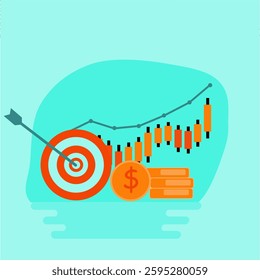 Achieving Financial Goals. Illustration of target, dart and coins isolated on blue background.