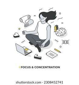 Achieving focus and balance in work and personal life. A woman sits in lotus pose with closed eyes in front of a laptop, concentrating on mental tasks. Productivity concept. Isometric illustration