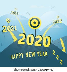 Achieving the goal in 2020. Drawing up plans and projects for the future, 2021, 2022 ... Happy New Year. Vector illustration.