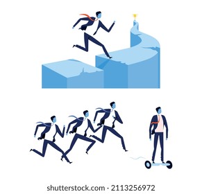 Achieving Goal with Business Man Jumping Over Gap and Riding Hoverboard Vector Set