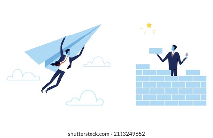 Achieving Goal with Business Man Laying Bricks Building Wall and Flying with Paper Plane Vector Set