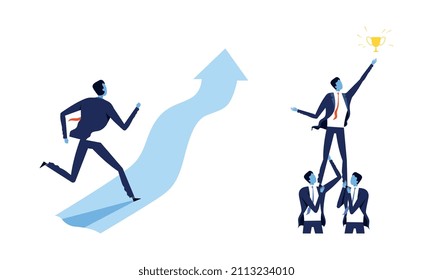Achieving Goal with Business Man Running Arrow and Raising to Gain Golden Cup Award Vector Set