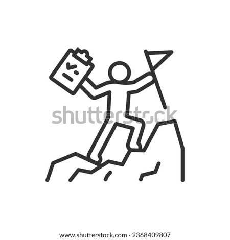 Achieving a goal by making a plan and tasks, linear icon. Person with checklist reached goal. A person on top of a mountain with a flag and a clipboard with a plan. Line with editable stroke