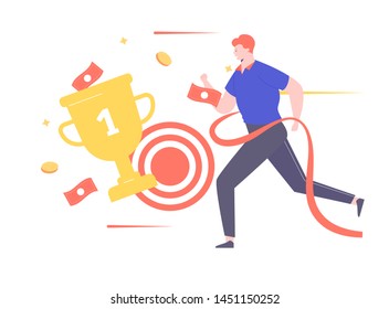 Achieving the goal, chasing the dream concept, running young man breaks the finish line, success visualization, money Cup icon, flat people vector