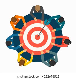 Achieving goal concept. Businesspeople  holding  target with arrow  on the table, vector illustration