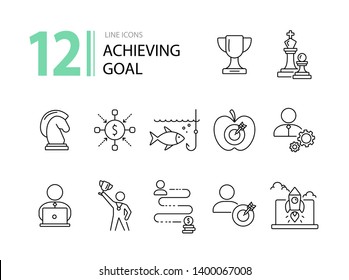 Lograr el conjunto de iconos de objetivo. Colección de iconos de línea en fondo blanco. Decisión, objetivo, objetivo. Concepto de innovación. Se puede utilizar para temas como estrategia, negocio, puesta en marcha