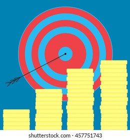 Achieving the goal, money and wealth. Goal setting and business success, vector illustration