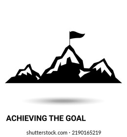 Achieving the goal. A mountain with a flag on top is highlighted on a light background. Vector illustration