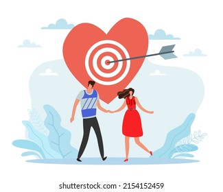 Achieving goal of relationship. Success in love, happy couple man and woman hold hands on dating, arrow hits target heart form, romantic partnership, vector isolated happiness concept