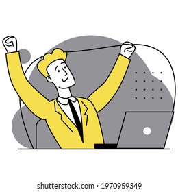 Achieving the goal. Successful well done work. The happy young man completed task and triumphing with raised hands on his workplace. Completed task. Modern vector flat illustration. 