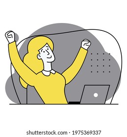 Achieving the goal. Successful well done work. The happy young woman completed task and triumphing with raised hands on her workplace. Completed task. Modern vector flat illustration. 