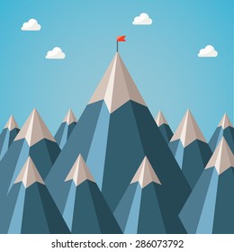 achieving the goal. upward movement. flag on the top of the moun
