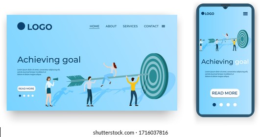 Achieving goal.People are standing next to the target.Template for the user interface of the site's home page.Landing page template.The adaptive design of the smartphone.vector illustration.