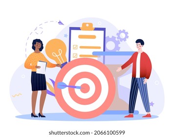 Achieving goals concept. Man and woman come up with ideas and strategies for business development. Entrepreneurship and time management. Successful employees. Cartoon flat vector illustration