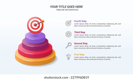 Achieving Goals Infographic Presentation Template with Four Steps on a 16:9 Ratio with a 3D Target Board and Podium Piles Business Icons for Business Goals, Business Reports, and Website Design.