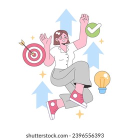 Achieving goals with precision. Energetic woman hits the target, celebrates success, and brightens with innovative ideas. Target, accomplishment, illumination. Flat vector illustration