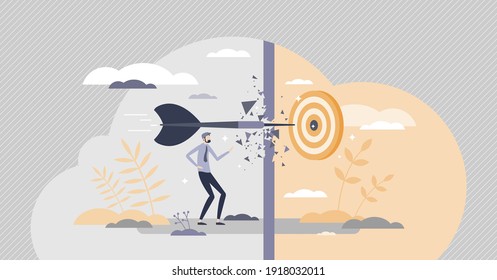 Achieving goals with success after obstacle breakthrough tiny person concept. Business leader objective focus and target accuracy as perfect company strategy and performance result vector illustration