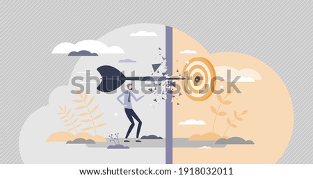 Achieving goals with success after obstacle breakthrough tiny person concept. Business leader objective focus and target accuracy as perfect company strategy and performance result vector illustration