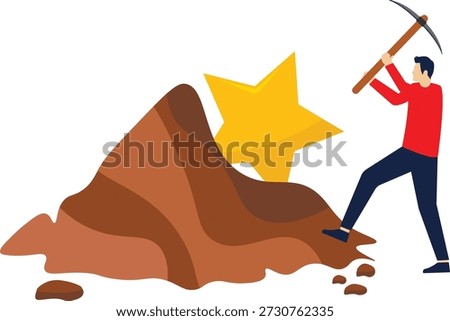 Achieving goals through hard work, highest result in deeds and work done, career advancement, productivity or success in solving business problems, man a breaks cobblestone with a pick to find a star.

