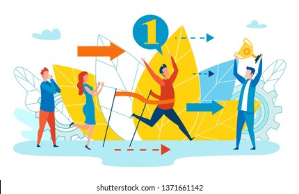 Achieving High Level Employees Cartoon Vector. Man Wins Race. People Rejoice Victory. Team Metaphor Creative Perspective to Solve Problem and Reach Goal. Professional Choice Direction.