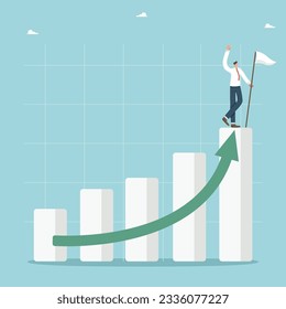 Achieving high results and success in work and business, hard work for career growth and salary increase, new opportunities and development prospects, man with a flag stands on top column of the graph