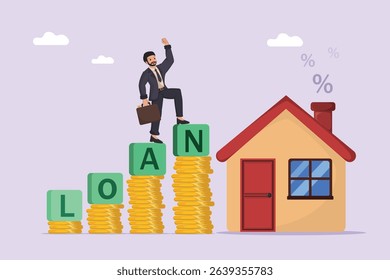 Achieving Homeownership Through Smart Loans: Successful Businessman Climbing Stacks of Coins Spelling 'LOAN' Towards a New House, Representing Financial Growth and Real Estate Investment