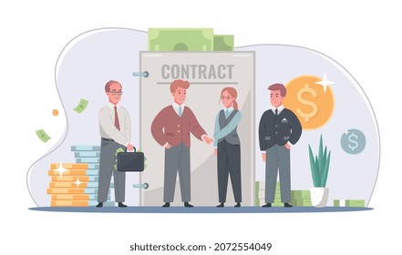 Logro de acuerdos de contrato ilegales con composición de caricaturas de soborno con partes de apretón de manos que dan ejemplos vectores de billetes aceptantes