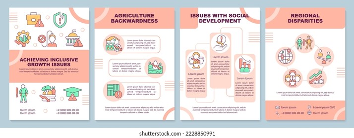 Achieving inclusive growth issues brochure template. Leaflet design with linear icons. Editable 4 vector layouts for presentation, annual reports. Arial-Black, Myriad Pro-Regular fonts used